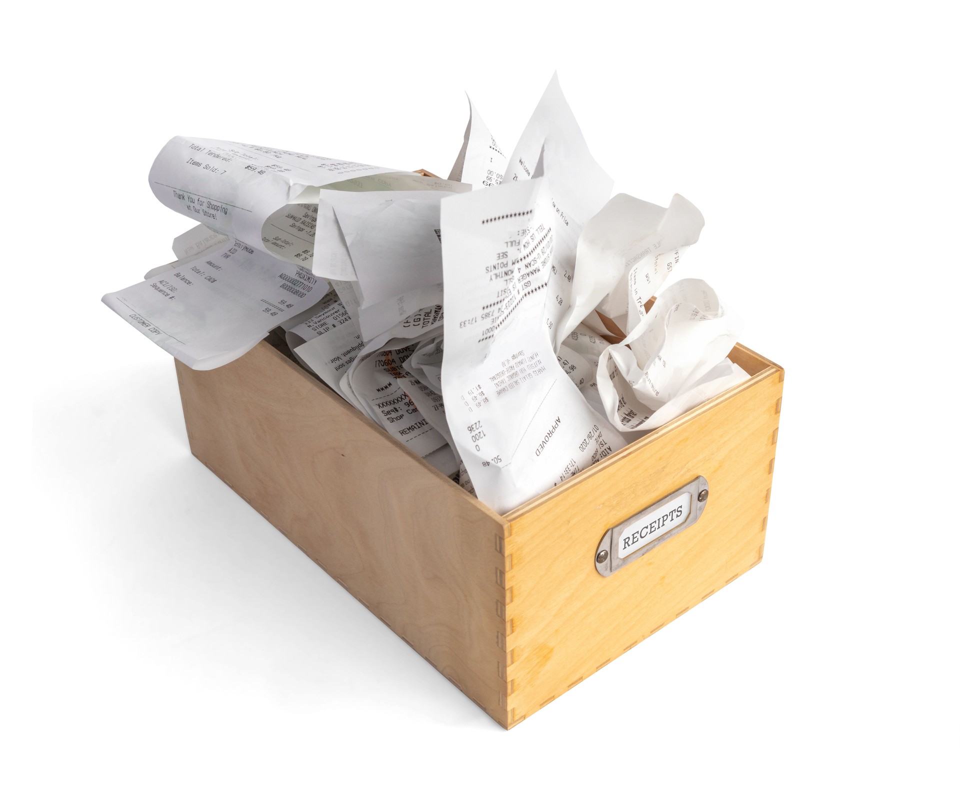 Overfilled box of receipts for filing taxes and deductibles.